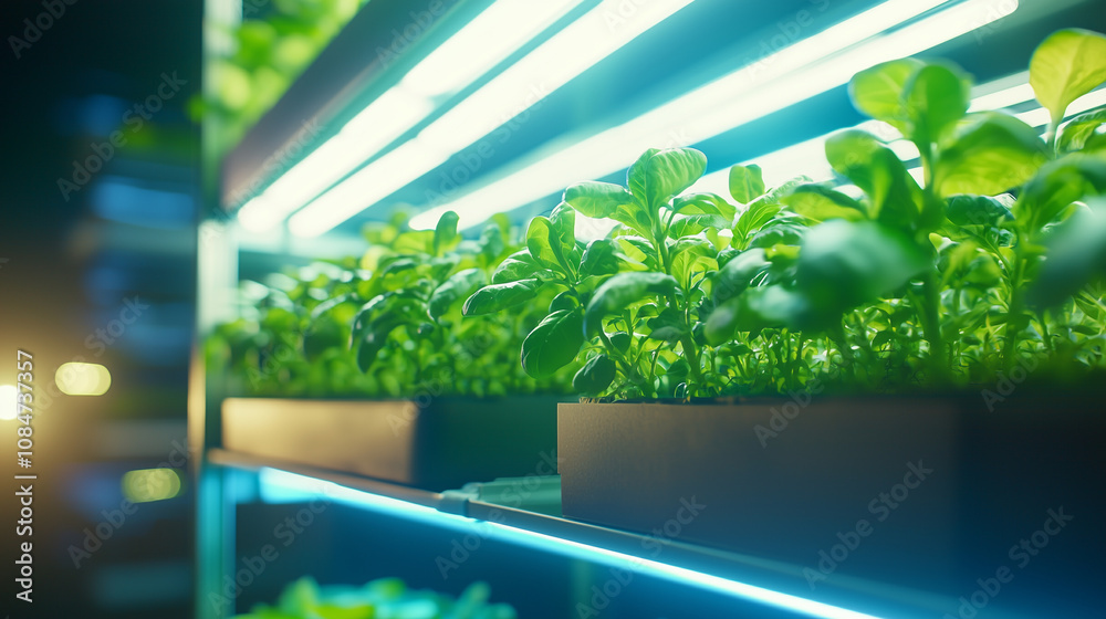 Urban Vertical Farming Setup with Green Plants and LED Lights Urban Vertical Farming Setup with Green Plants and LED Lights