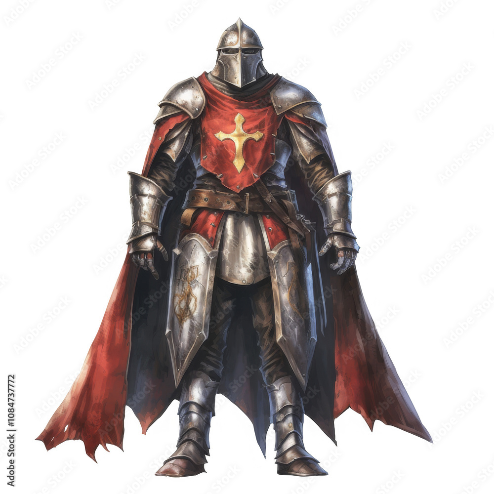 Fototapeta premium A weathered medieval knight in full plate armor, a red surcoat bearing a cross.
