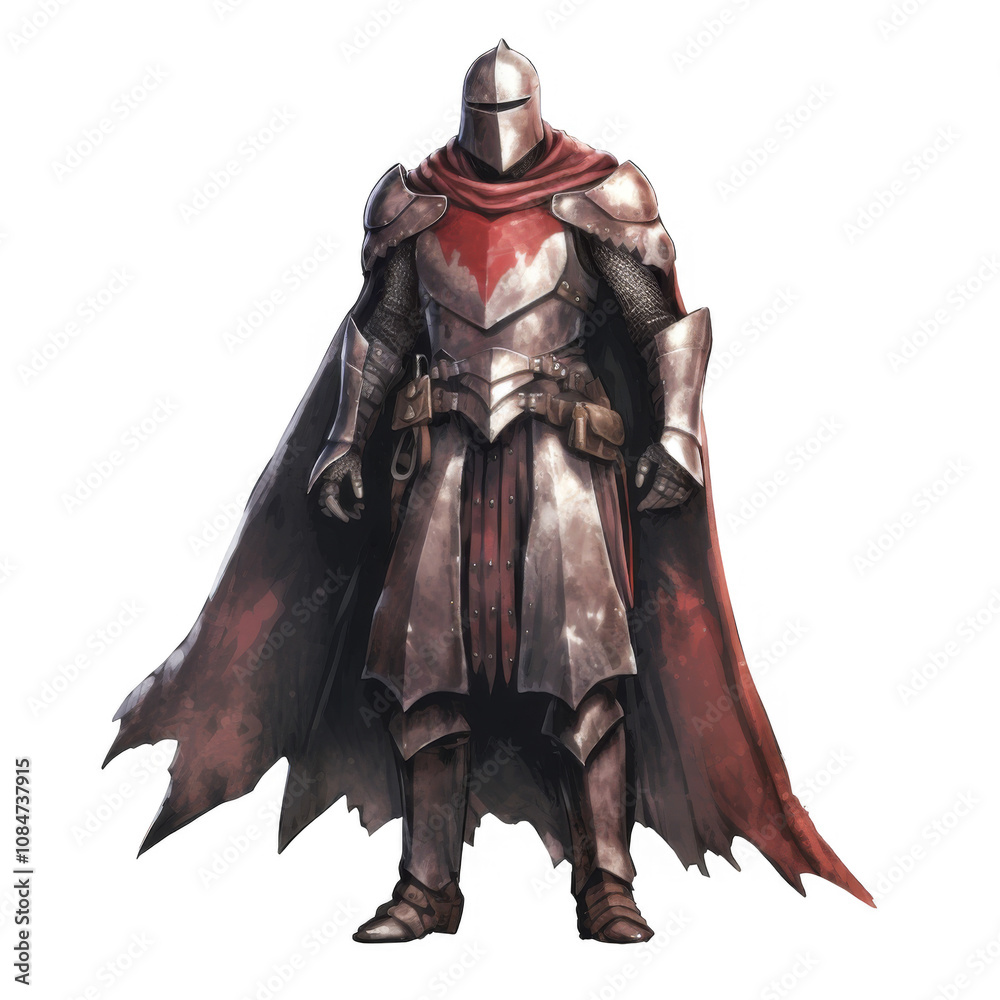 Fototapeta premium A medieval knight in full plate armor, red cloak, and weathered boots.