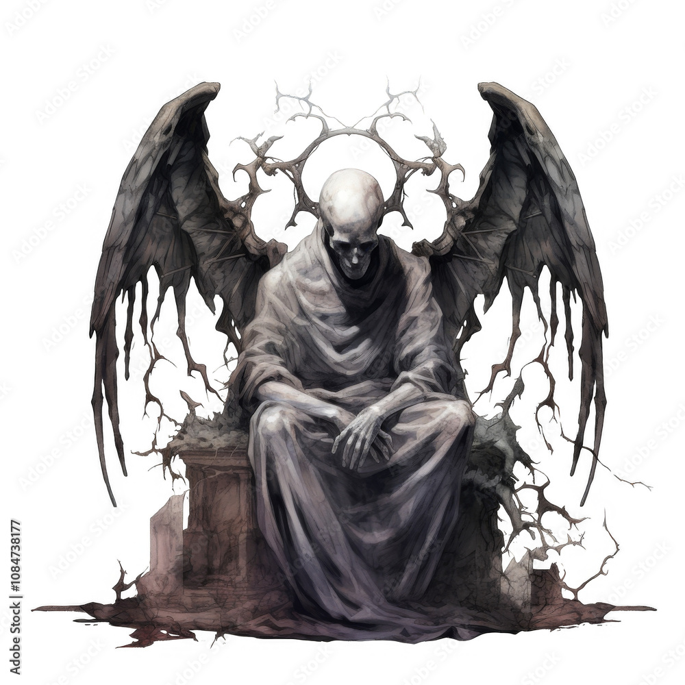Fototapeta premium Winged Skeletal Figure Enthroned, Holding Mask and Book, Playing Instrument