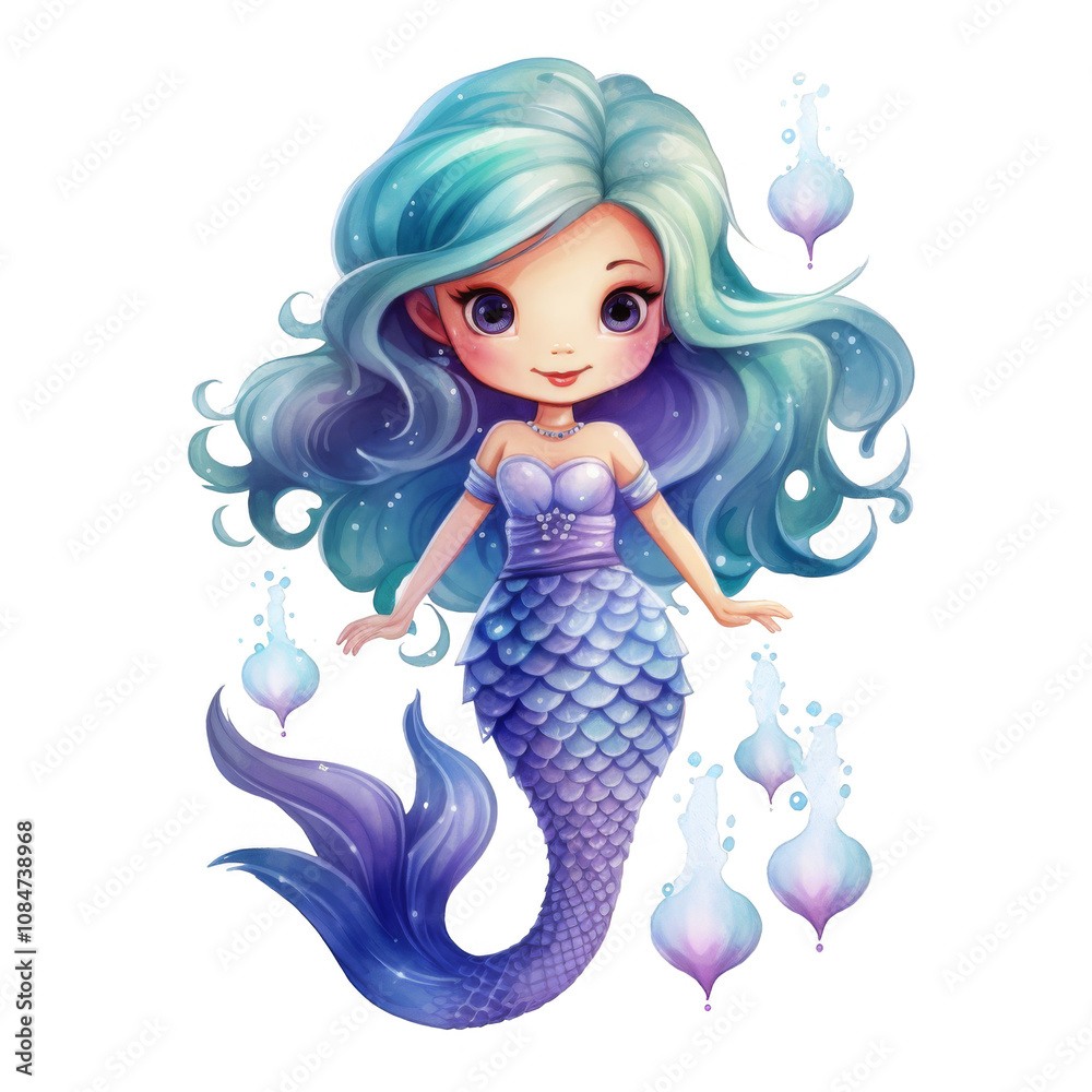 Adorable Chibi Mermaid with Flowing Blue Hair and Purple Tail Adorable Chibi Mermaid with Flowing Blue Hair and Purple Tail