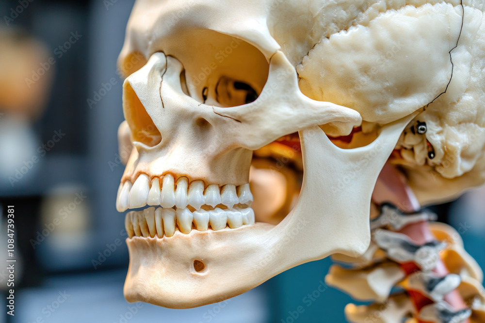 Fototapeta premium Human skull with a single tooth, rested on a pile of teeth.