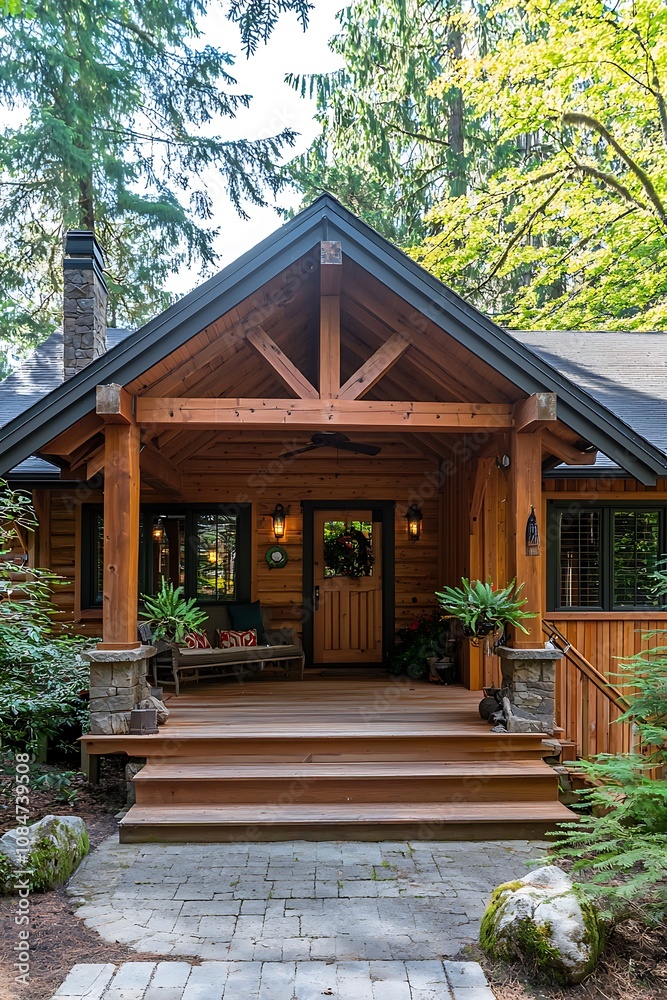 Luxurious cedar cabin home with a large porch surrounded by pine trees. Luxurious cedar cabin home with a large porch surrounded by pine trees.