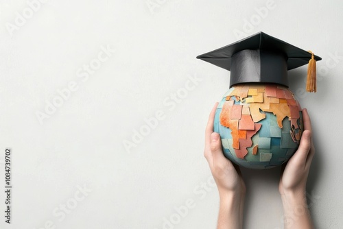 A pair of hands holds a globe adorned with a graduation cap, symbolizing education and global achievement, Ideal for educational content, graduation announcements, or international studies,