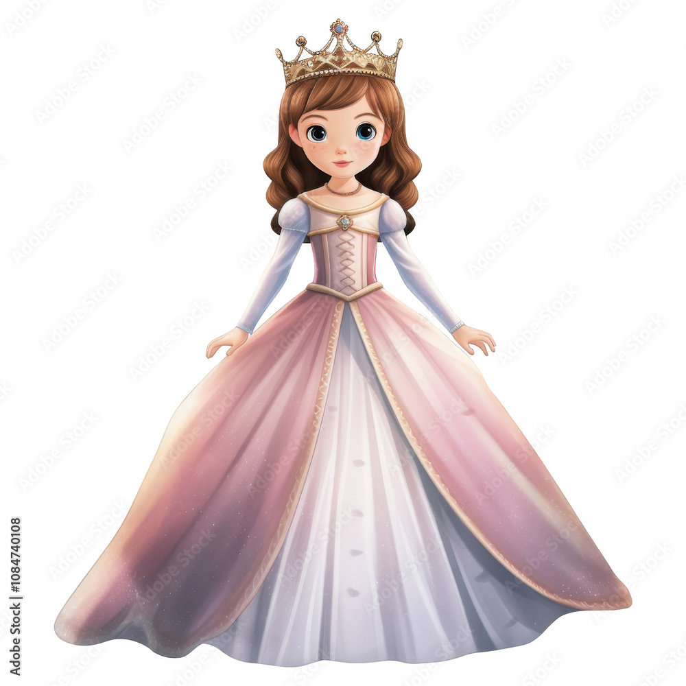 Young Princess in a flowing pink and white gown, wearing a golden crown. Young Princess in a flowing pink and white gown, wearing a golden crown.