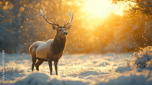 A majestic red deer stag stands in a snowy forest at sunset, with soft light filtering through the trees.