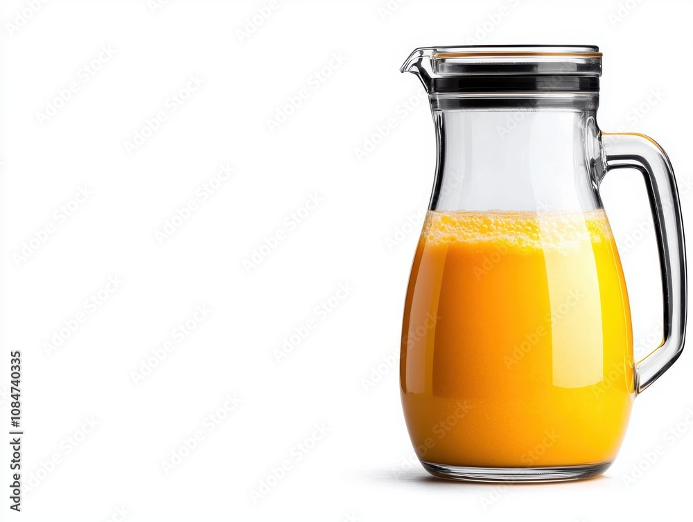 A clear glass pitcher filled with vibrant orange juice, showcasing its rich color and texture, ideal for food blogs, restaurant menus, or health-related articles promoting refreshing beverages, A clear glass pitcher filled with vibrant orange juice, showcasing its rich color and texture, ideal for food blogs, restaurant menus, or health-related articles promoting refreshing beverages,
