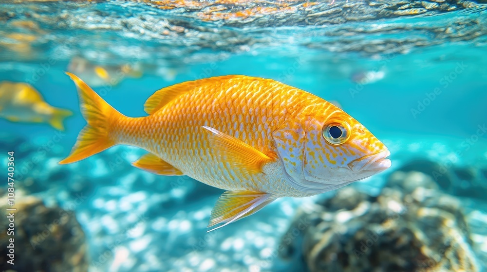 A single yellow fish with white markings swims in clear blue water. A single yellow fish with white markings swims in clear blue water.
