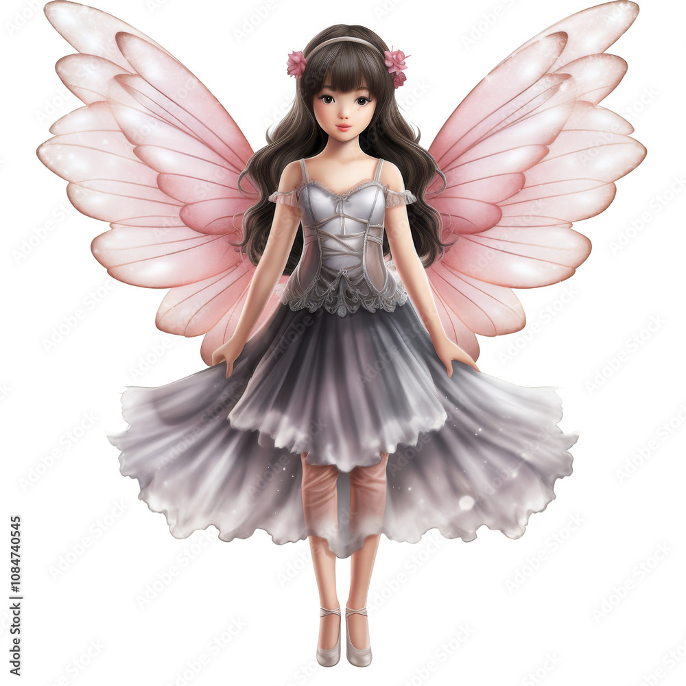 Enchanting Fairy with Pale Pink Wings and Flowing Grey Dress