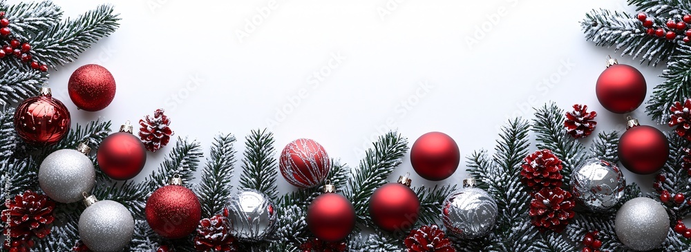 Christmas garland border with red and silver ornaments, white background, space for text, high-resolution photo, professional photography, sharp focus digital camera quality Christmas garland border with red and silver ornaments, white background, space for text, high-resolution photo, professional photography, sharp focus digital camera quality