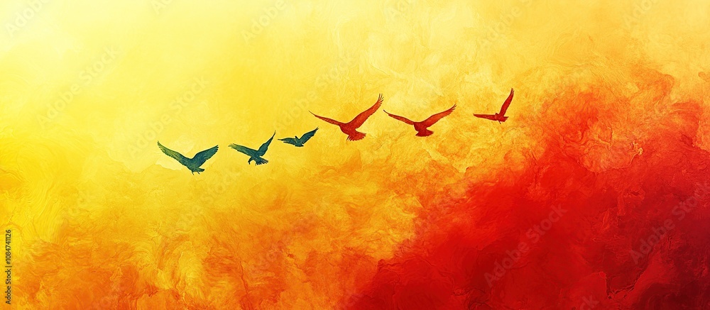 Obraz premium A vibrant sunset scene with birds flying across a colorful sky.