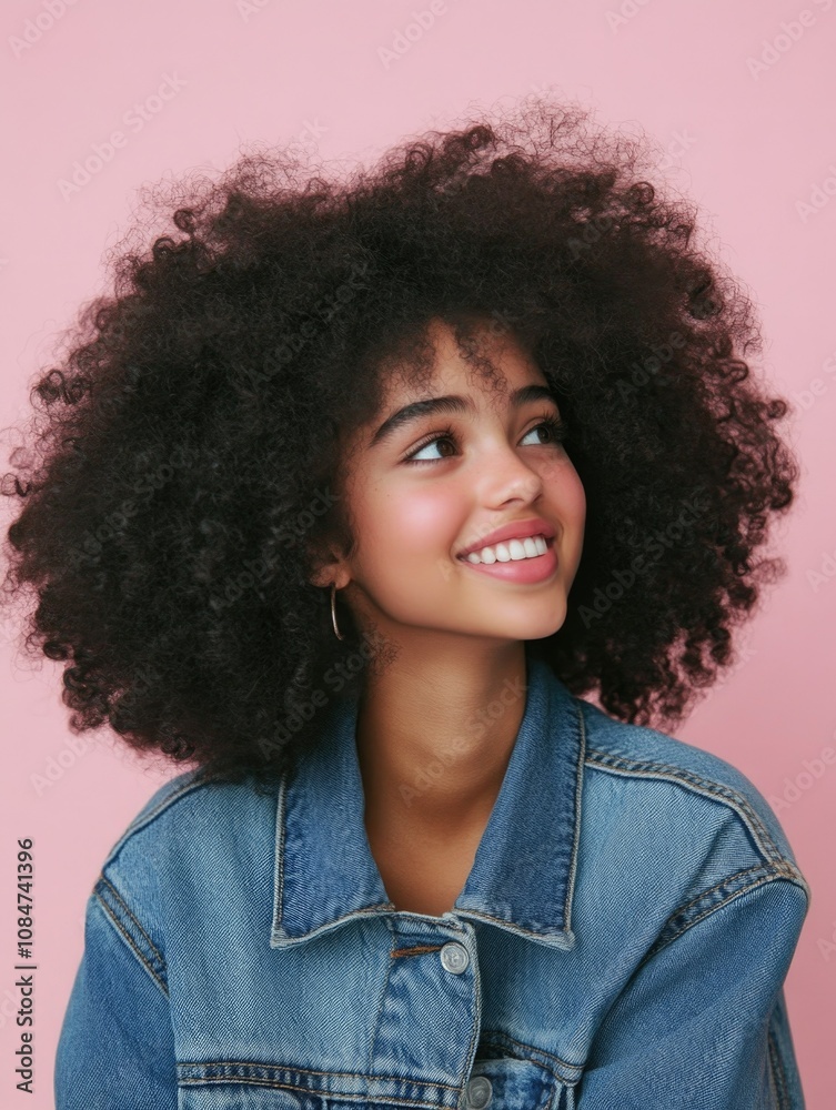 Stylish Woman with Curly Hair Smiling at Camera Stylish Woman with Curly Hair Smiling at Camera