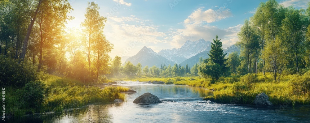 Naklejka premium dreamy vacation with sunny weather in minimalistic landscape, natural landscape over a stream running to river with forest and mountain far away on clear blue sky