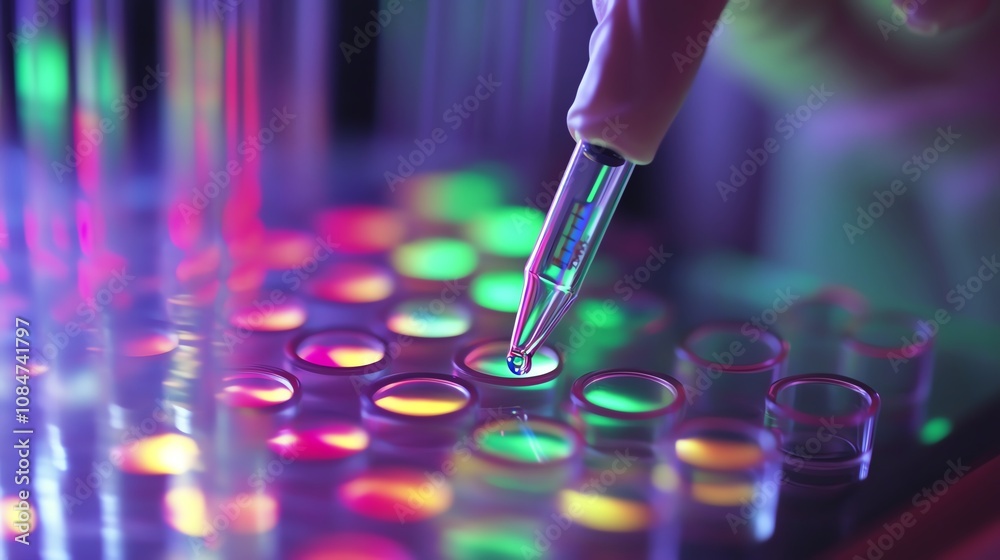 Scientist using pipette in lab, colorful samples. Scientist using pipette in lab, colorful samples.