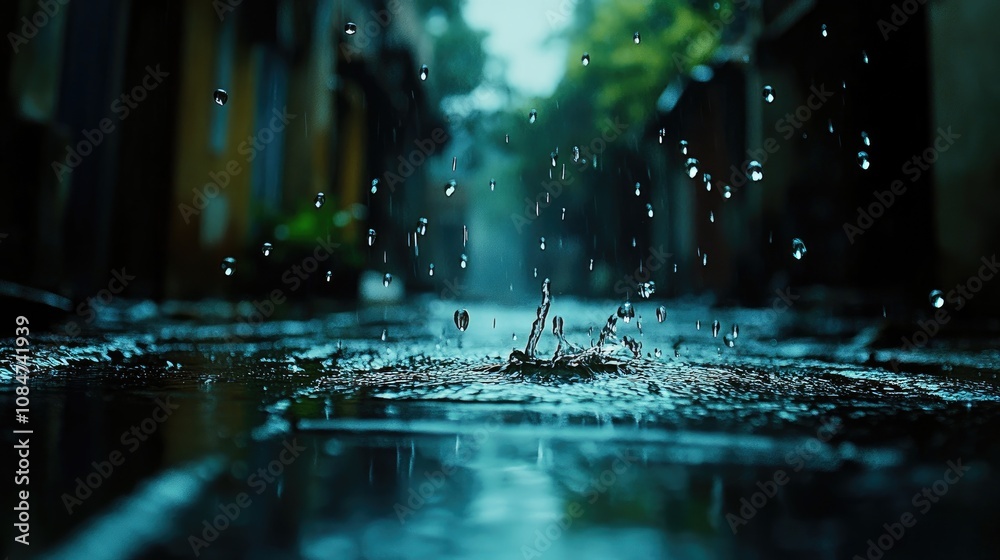 Raindrops splashing on a wet pavement in an alleyway. Raindrops splashing on a wet pavement in an alleyway.