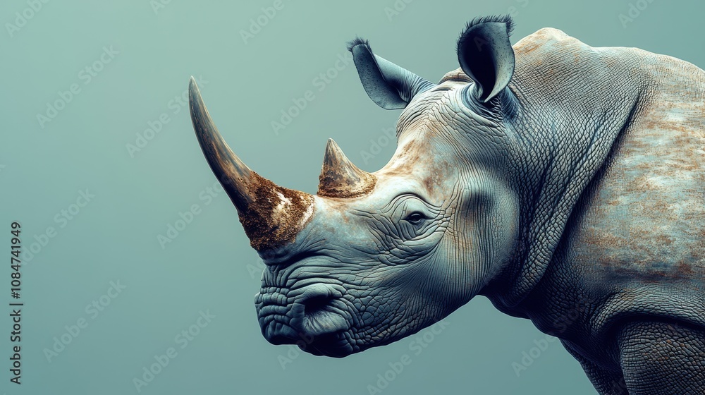 Fototapeta premium Rhino isolated on white background. Portrait of a rhinoceros showcasing its prominent horn. Image made using Generative AI