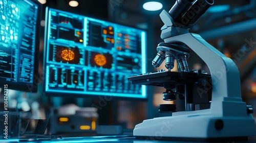 Microscope and computer screens in lab.