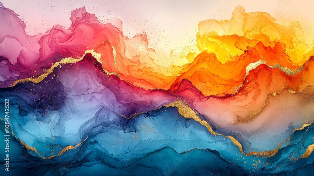 Abstract colorful waves with gold accents creating a vibrant, artistic landscape. Abstract colorful waves with gold accents creating a vibrant, artistic landscape.