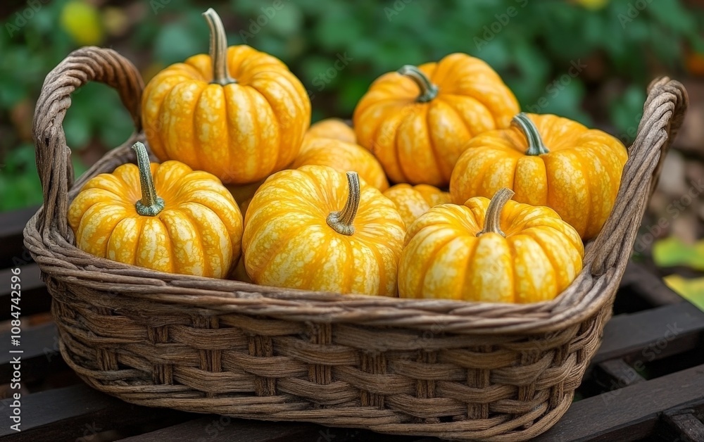 A basket of small pumpkins arranged together, ready for decoration or cooking A basket of small pumpkins arranged together, ready for decoration or cooking