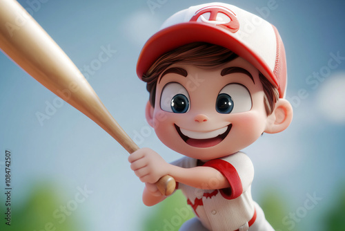 a cheerful 3D character in baseball cap practicing batting stance photo