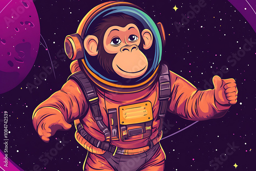 A cartoon monkey in a space suit floating in a colorful cosmic background. photo