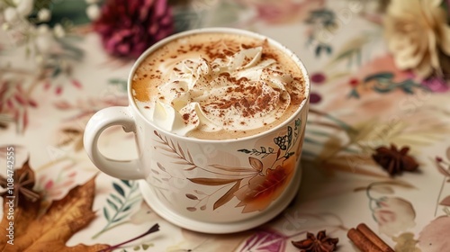 A warm cup of coffee with whipped cream and cinnamon on top, surrounded by fall decor.