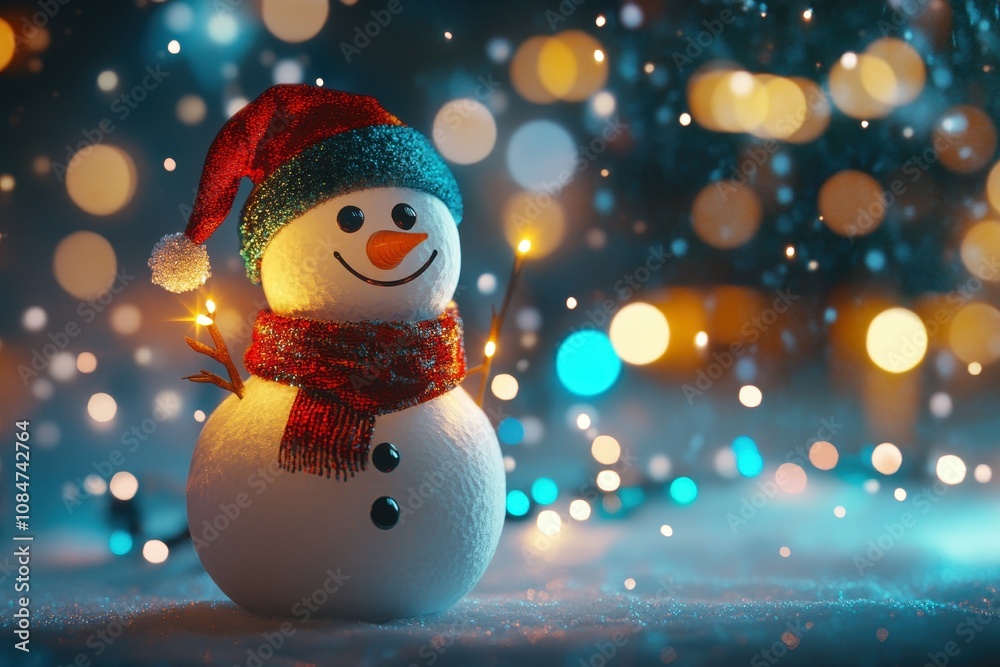 Obraz premium Happy Snowman Banner. Merry Christmas, Happy New Year greeting card, background. Copy space. Generative AI