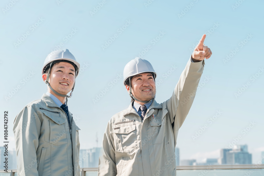 青空の中に立つ作業服を着た作業員（建設・建築・設計・不動産・土木・工事・現場監督・運送）
