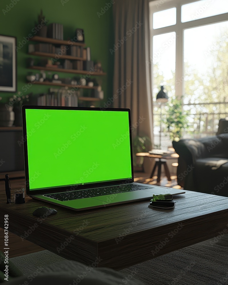 Home living room with green screen laptop on wooden table