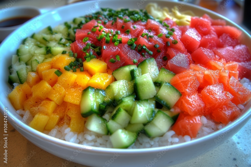 Delicious and Colorful Hawaiian Poke Bowl with Fresh Ingredients Delicious and Colorful Hawaiian Poke Bowl with Fresh Ingredients
