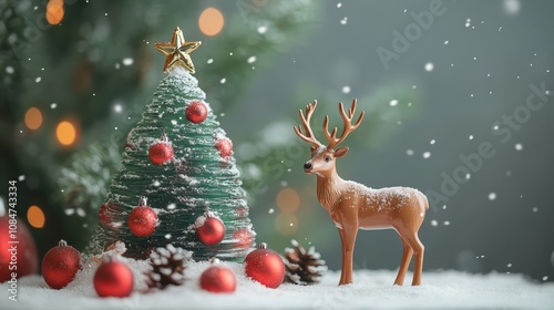 Interior composition of a Christmas tree and a reindeer. Figurines are made of glass or plastic. Festive New Year decor. Illustration for cover, card, postcard, interior design, decor, etc.