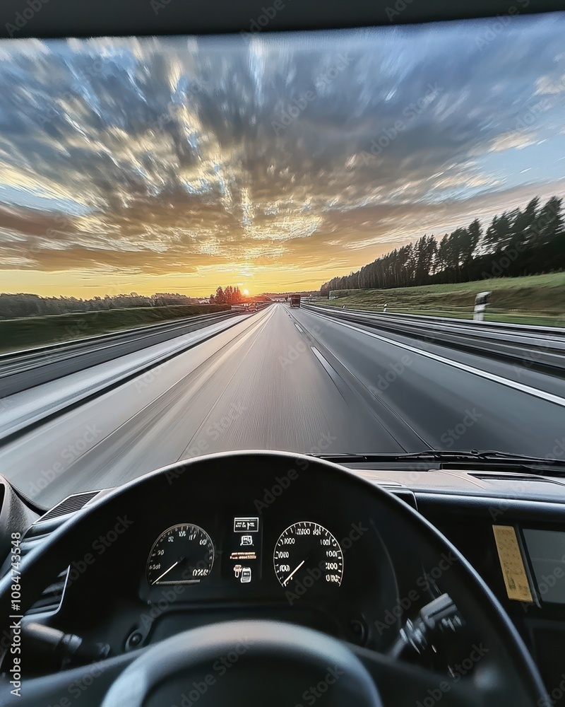 View from the driver's point-of-view on highway asphalt, with a sense of motion and travel View from the driver's point-of-view on highway asphalt, with a sense of motion and travel