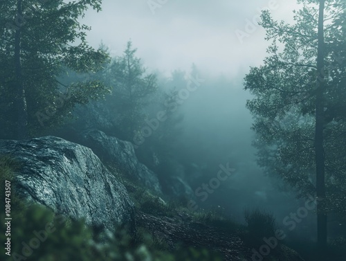 Mysterious Foggy Forest Path photo