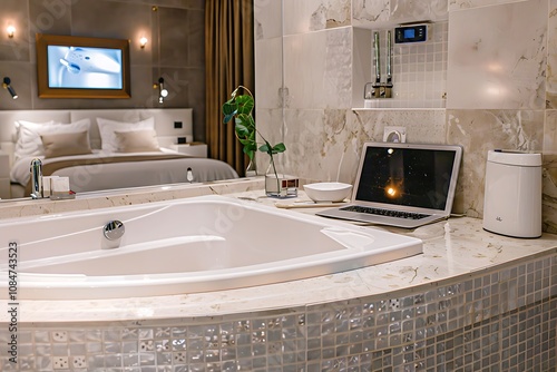 Interior of luxury bathroom with modern bathtub, ceramic sink and laptop on board photo