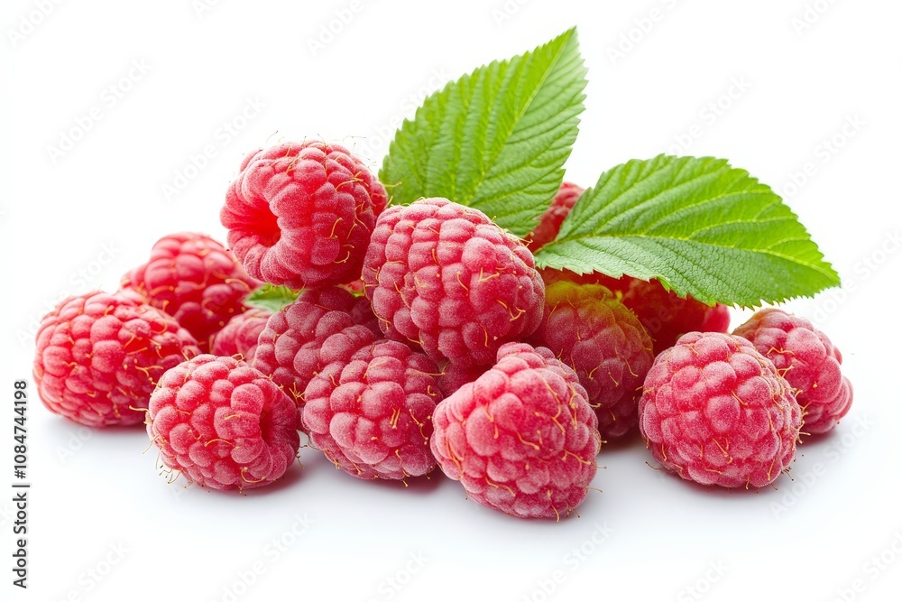 A bunch of raspberries with a few leaves, creating a natural and fresh display A bunch of raspberries with a few leaves, creating a natural and fresh display