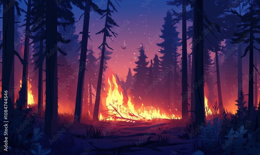 Forest fire raging through trees, vibrant flames illuminating dark woods, smoke rising, twilight sky, nature's destruction, beauty and danger Forest fire raging through trees, vibrant flames illuminating dark woods, smoke rising, twilight sky, nature's destruction, beauty and danger