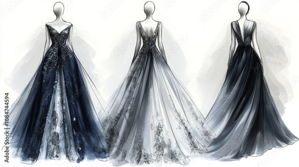 Three elegant evening gown sketches. Three elegant evening gown sketches.