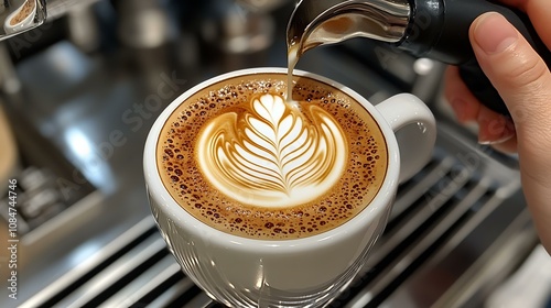 The process of making cappuccino featuring a barista frothing milk and brewing espresso
