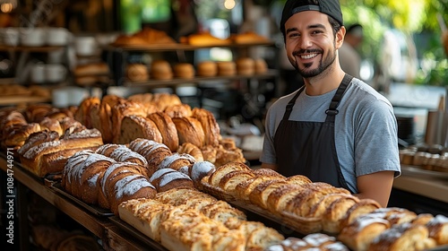 A display of freshly baked bread and pastries with cappuccino cups in the background photo