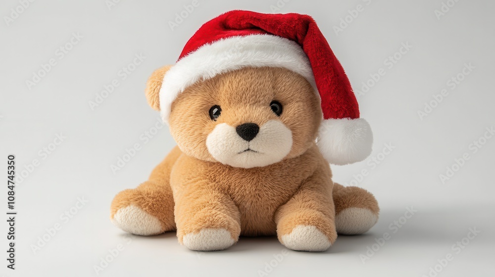 Adorable stuffed brown puppy wearing a Santa Claus hat, perfect for Christmas decoration on a white background, festive spirit, happy holidays, toy Adorable stuffed brown puppy wearing a Santa Claus hat, perfect for Christmas decoration on a white background, festive spirit, happy holidays, toy