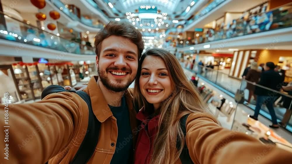 A cheerful couple enjoys a fun shopping day together at a busy mall during the afternoon A cheerful couple enjoys a fun shopping day together at a busy mall during the afternoon