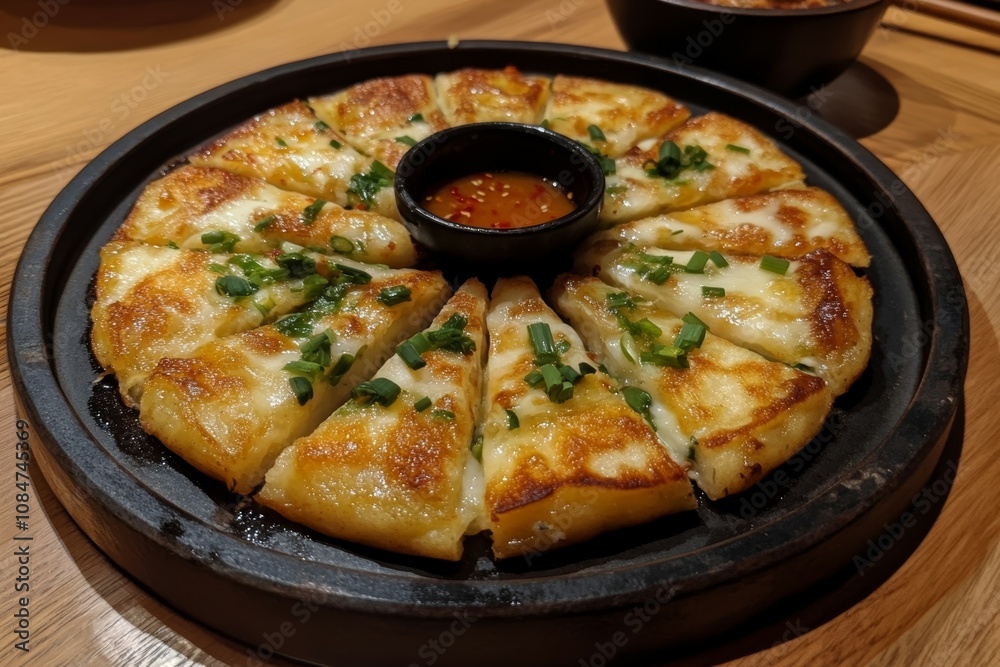 Delicious Kimchi Jeon, Korean Savory Pancakes,Served on a Dark Round Plate Delicious Kimchi Jeon, Korean Savory Pancakes,Served on a Dark Round Plate