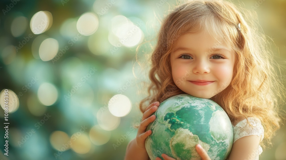 Naklejka premium A little girl hugging a green globe planet adult astronomy.