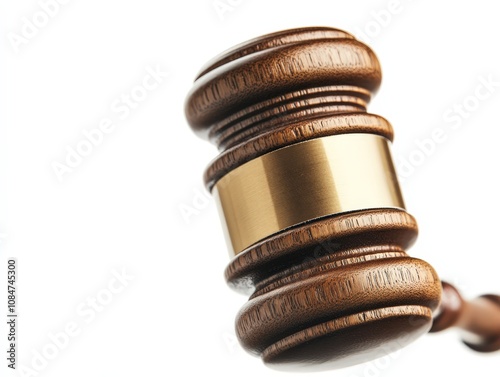 A close-up of a gavel hitting the sound block as a sentence is declared, isolated on a white background photo