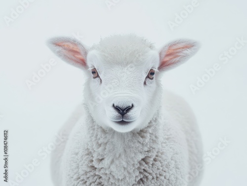 Portrait of a lamb looking at the camera on white background