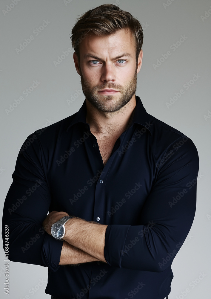 modern portrait of a male model with folded arms in a studio modern portrait of a male model with folded arms in a studio