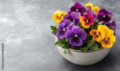 Colorful pansy flowers in bowl, vibrant purple, yellow, and orange blooms, lush green leaves, decorative arrangement, soft gray background
