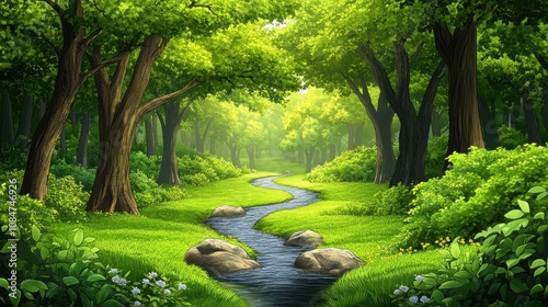 A forest with a stream or river running through it. The trees are lush and green. Natural background. A plot in a drawn style. Image for design of children's books, postcards, print, etc