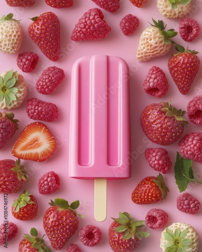 Delicious pink popsicle surrounded by fresh strawberries and raspberries on a soft pastel background photo