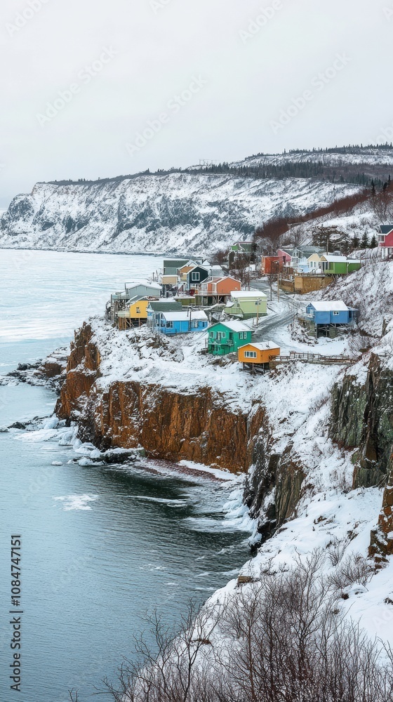 Colorful houses perched on snowy cliffs overlooking the icy atlantic ocean in winter Colorful houses perched on snowy cliffs overlooking the icy atlantic ocean in winter